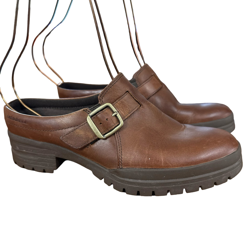 Merrell Oak Leather Mules Clogs Slip On Chunky Heel Brown Shoes Womens sz 8